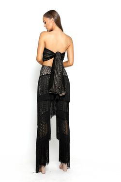 Style 2056 Portia and Scarlett Black Size 6 Fringe Strapless Lace Jumpsuit Dress on Queenly