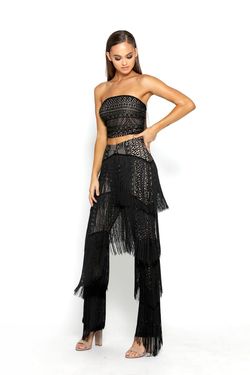 Style 2056 Portia and Scarlett Black Size 6 Fringe Jumpsuit Dress on Queenly