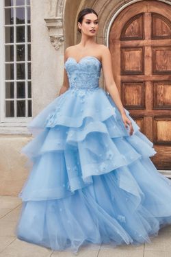 Style CDA1220 Andrea and Leo Blue Size 4 Pageant A-line Strapless Lace Ball gown on Queenly