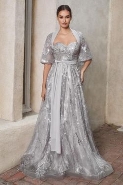Style CDA1174 Andrea and Leo Silver Size 12 Floor Length Cape Tall Height Ball gown on Queenly