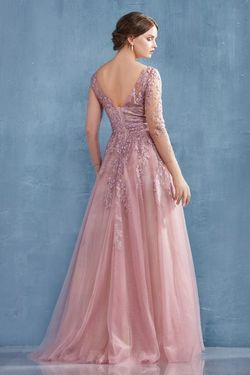 Style CDA0988 Andrea and Leo Pink Size 12 Lace Floor Length Long Sleeve Tall Height Ball gown on Queenly