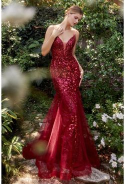 Style CDA1118 Andrea and Leo Red Size 8 Tall Height Embroidery Sequined Tulle Spaghetti Strap Mermaid Dress on Queenly