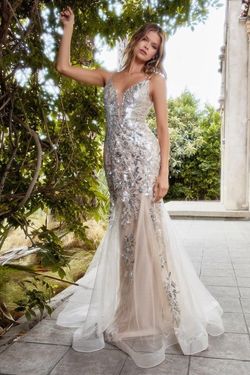 Style CDA1118 Andrea and Leo Silver Size 6 Spaghetti Strap Floor Length Plunge Mermaid Dress on Queenly