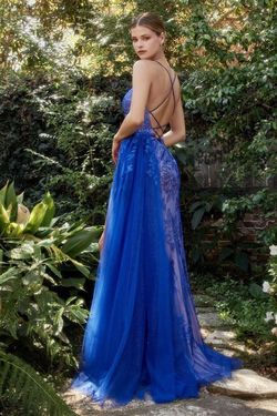 Style CDA1164 Andrea and Leo Blue Size 12 Spaghetti Strap Plunge Floor Length Side slit Dress on Queenly