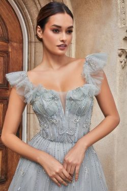 Style CDA1092 Andrea and Leo Gray Size 6 Corset Sleeves Sheer Ball gown on Queenly