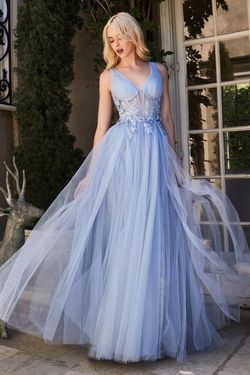 Style CDA1057 Andrea and Leo Blue Size 12 Tall Height Jewelled Lace Tulle Corset Side slit Dress on Queenly