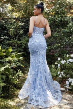 Style CDA1213 Andrea and Leo Blue Size 12 Lace Sheer Mermaid Spaghetti Strap Side slit Dress on Queenly