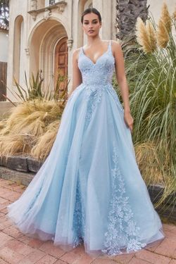 Style CDA1125 Andrea and Leo Blue Size 10 Prom Spaghetti Strap Lavender Tall Height Ball gown on Queenly