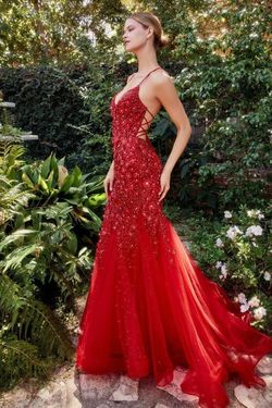 Style CDA1201 Andrea and Leo Red Size 8 Tall Height Lace Tulle Spaghetti Strap Floral Mermaid Dress on Queenly