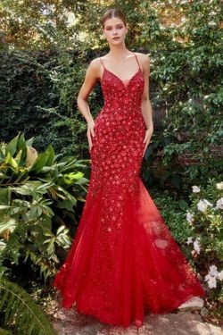 Style CDA1201 Andrea and Leo Red Size 8 Tall Height Lace Tulle Spaghetti Strap Floral Mermaid Dress on Queenly