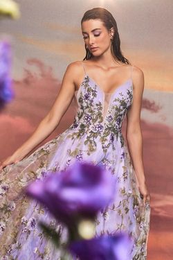 Style CDA1135 Andrea and Leo Purple Size 2 Prom Tall Height Print Lavender Ball gown on Queenly