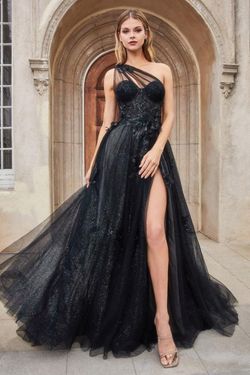 Style CDA1053 Andrea and Leo Black Tie Size 2 One Shoulder Floor Length Side slit Dress on Queenly