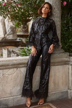 Style Jessalyn Alamour The Label Black Size 0 Floor Length Tall Height Sheer Sequined Jumpsuit Dress on Queenly