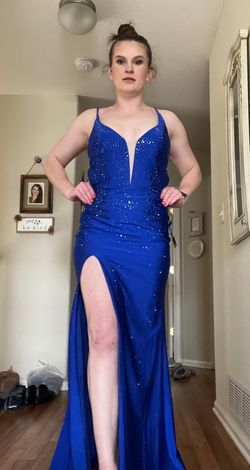 La Femme Blue Size 10 Prom Plunge Side slit Dress on Queenly