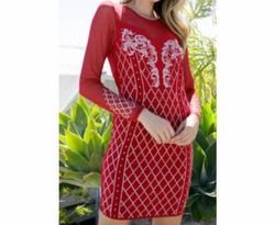 Style 1-4075234858-2901 VOCAL APPAREL Red Size 8 Polyester Sheer Long Sleeve Cocktail Dress on Queenly