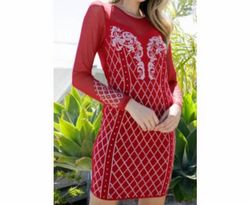 Style 1-4075234858-3775 VOCAL APPAREL Red Size 16 Polyester Sheer Long Sleeve Cocktail Dress on Queenly