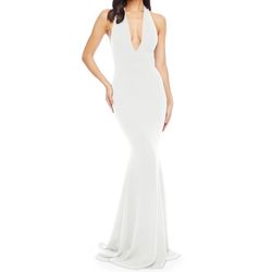 Dress the Population White Size 10 Halter Mermaid Jersey Backless Train Dress on Queenly