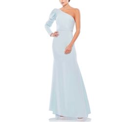 Mac Duggal Blue Size 8 One Shoulder Long Sleeve Mermaid Train Dress on Queenly