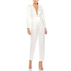 Mac Duggal White Size 12 Plus Size Polyester Floor Length Long Sleeve Jumpsuit Dress on Queenly