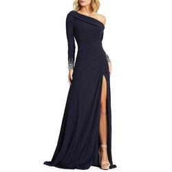 Mac Duggal Blue Size 0 Polyester Jersey Black Tie Side slit Dress on Queenly