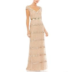 Mac Duggal Nude Size 14 Fitted Plus Size Sleeves Sequined Floor Length A-line Dress on Queenly