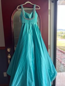 Style 53528 Sherri Hill Blue Size 6 Floor Length Train Ball gown on Queenly