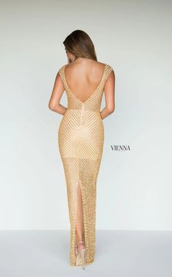 Style 9926 Vienna Gold Size 8 Prom Military High Neck Floor Length Straight Dress on Queenly