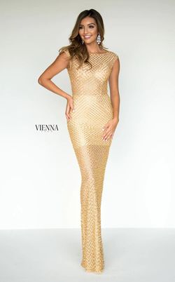Style 9926 Vienna Gold Size 8 Prom Military High Neck Floor Length Straight Dress on Queenly