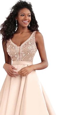 Style 67198 Jovani Pink Size 8 V Neck Satin A-line Dress on Queenly
