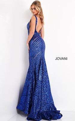 Jovani Blue Size 0 Floor Length Pattern Fully Beaded Plunge Mermaid Dress on Queenly