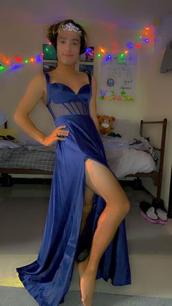 Windsor Royal Blue Size 4 Plunge Sheer Side slit Dress on Queenly