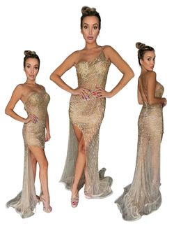 Jovani Gold Size 0 Sequined Pageant Black Tie Side slit Dress on Queenly