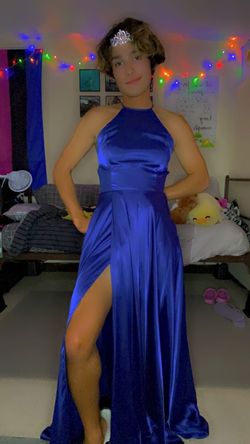 Zara Blue Size 4 Floor Length Sorority High Neck Prom Train Dress on Queenly