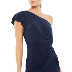 Mac Duggal Blue Size 12 Prom One Shoulder Wrap Sorority Formal Side slit Dress on Queenly