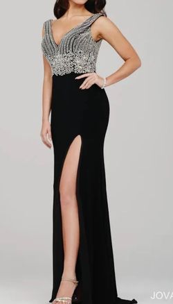 Style 22162 Jovani Black Size 6 Pageant Plunge Beaded Top Side slit Dress on Queenly