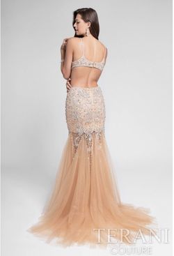 Terani Couture Nude Size 2 Rose Gold Pageant Tulle Jewelled Plunge Mermaid Dress on Queenly