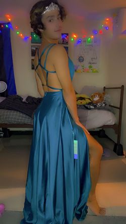 Promgirl Blue Size 4 Wedding Guest Side Slit A-line Dress on Queenly