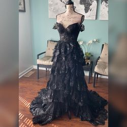 Style 55500 Sherri Hill Black Size 00 Shiny Ruffles Sequined Bustier Corset Ball gown on Queenly