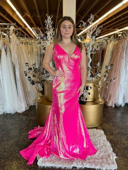 Style 09113A Jovani Hot Pink Size 14 Barbiecore Plunge Plus Size Mermaid Dress on Queenly