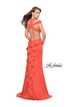 Style 25971 La Femme Orange Size 2 Jersey Floor Length Side slit Dress on Queenly