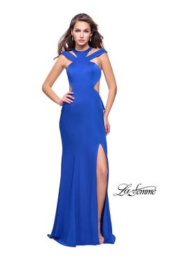 Style 25971 La Femme Royal Blue Size 4 Jersey Floor Length Side slit Dress on Queenly