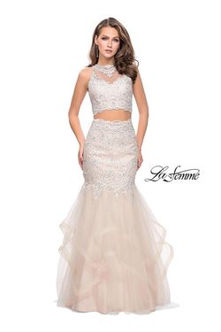 Style 26071 La Femme White Size 8 Tall Height Tulle Mermaid Dress on Queenly