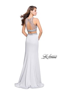 Style 26063 La Femme Silver Size 8 Jersey Floor Length Side slit Dress on Queenly