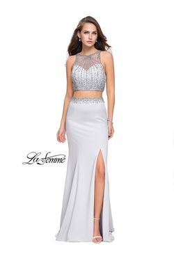 Style 26063 La Femme Silver Size 8 Floor Length Tall Height Side slit Dress on Queenly