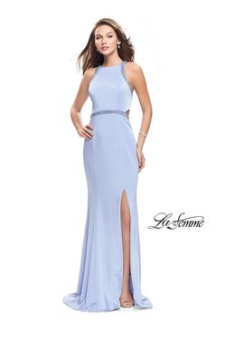 Style 26069 La Femme Blue Size 0 Jersey Floor Length Side slit Dress on Queenly