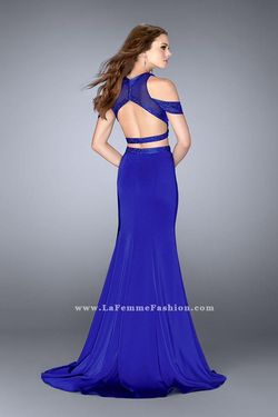Style 24653 La Femme Blue Size 0 Backless Floor Length Side slit Dress on Queenly