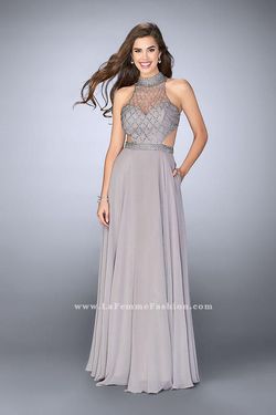 Style 24649 La Femme Silver Size 2 Floor Length Backless Straight Dress on Queenly