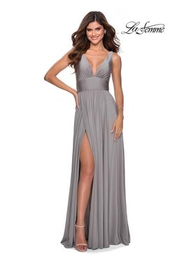 Style 28547 La Femme Silver Size 10 V Neck Side slit Dress on Queenly