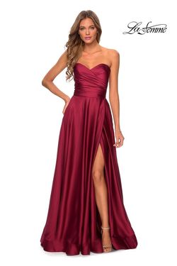 Style 28608 La Femme Red Size 8 Prom Satin Floor Length Side slit Dress on Queenly
