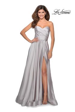 Style 28608 La Femme Silver Size 10 Strapless Floor Length Side slit Dress on Queenly